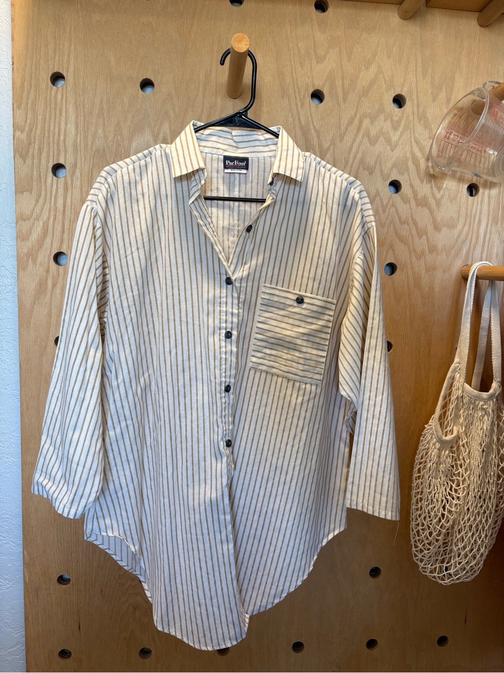 Vintage Striped Button-Up Shirt - Cream with Brown Stripes